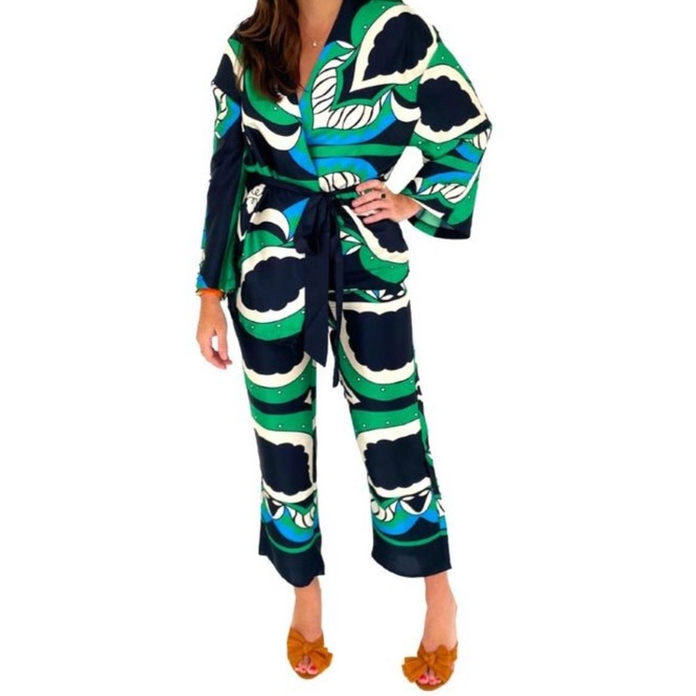 Black Green & Blue Kimono Top & Pants Set - designer look- Medium - Like New